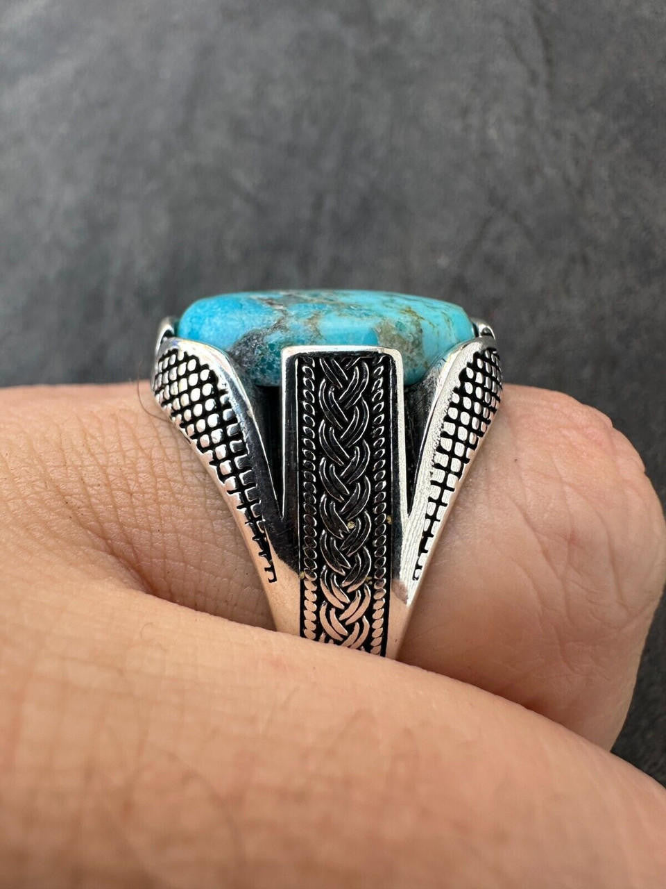 Wealth Ring - 925 Silver Oxidized - Genuine Blue Turquoise Stone