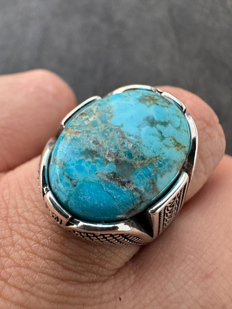 Wealth Ring - 925 Silver Oxidized - Genuine Blue Turquoise Stone