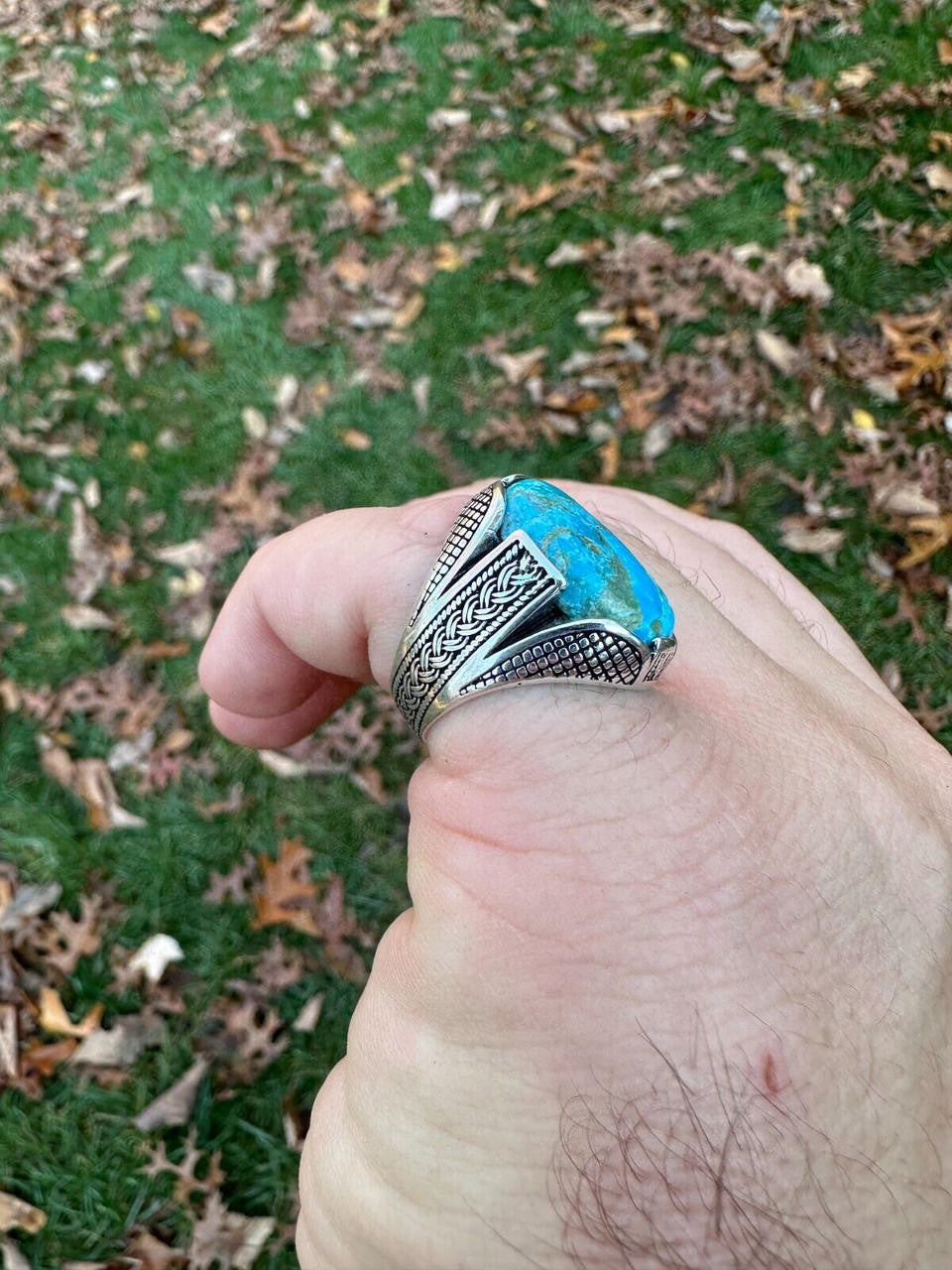 Wealth Ring - 925 Silver Oxidized - Genuine Blue Turquoise Stone