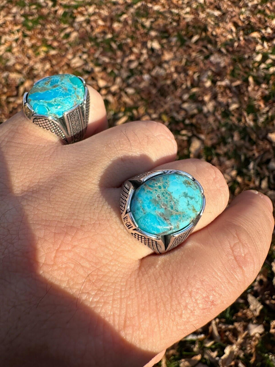 Wealth Ring - 925 Silver Oxidized - Genuine Blue Turquoise Stone