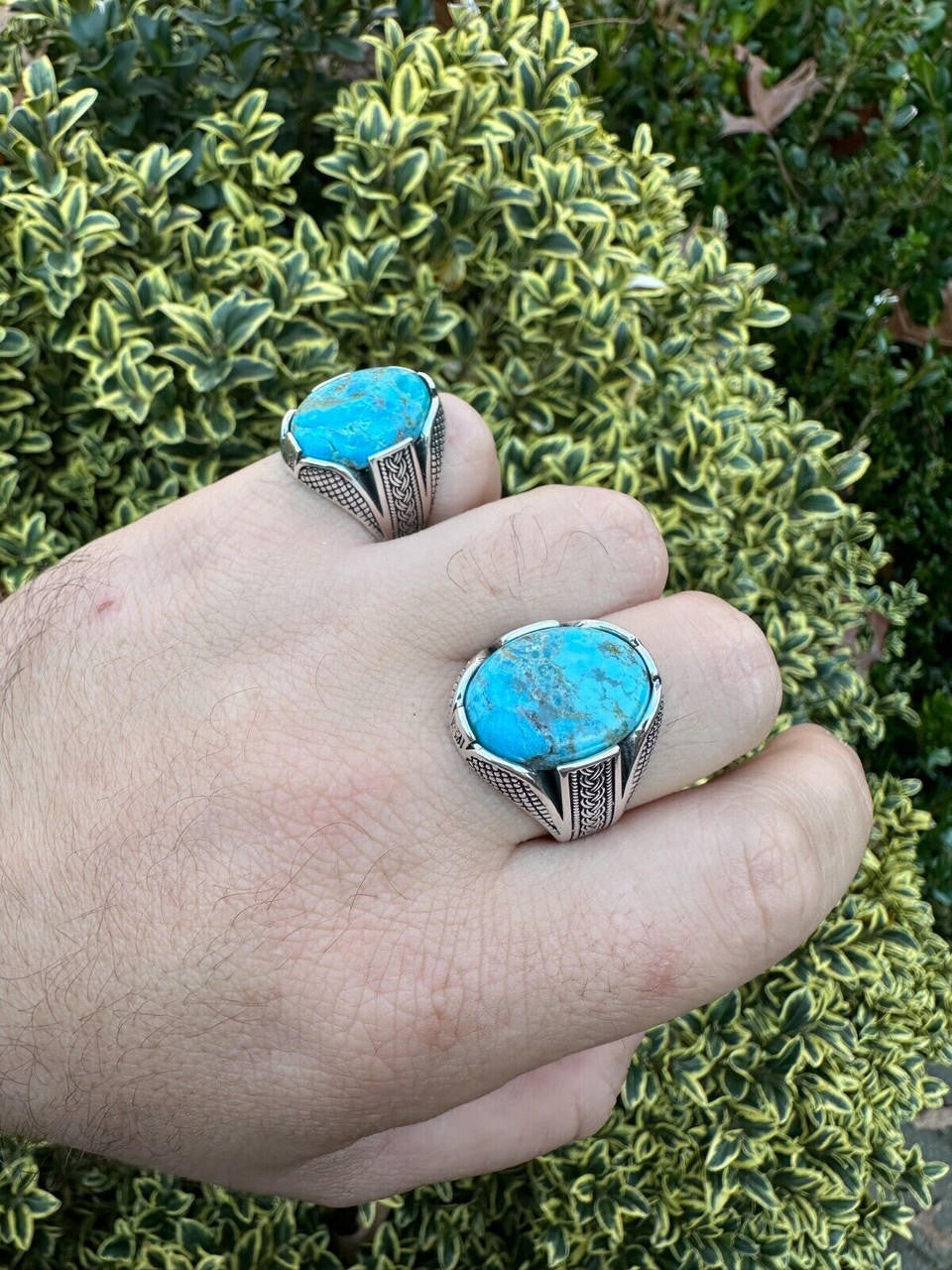 Wealth Ring - 925 Silver Oxidized - Genuine Blue Turquoise Stone