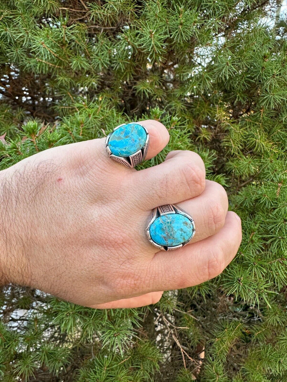 Wealth Ring - 925 Silver Oxidized - Genuine Blue Turquoise Stone