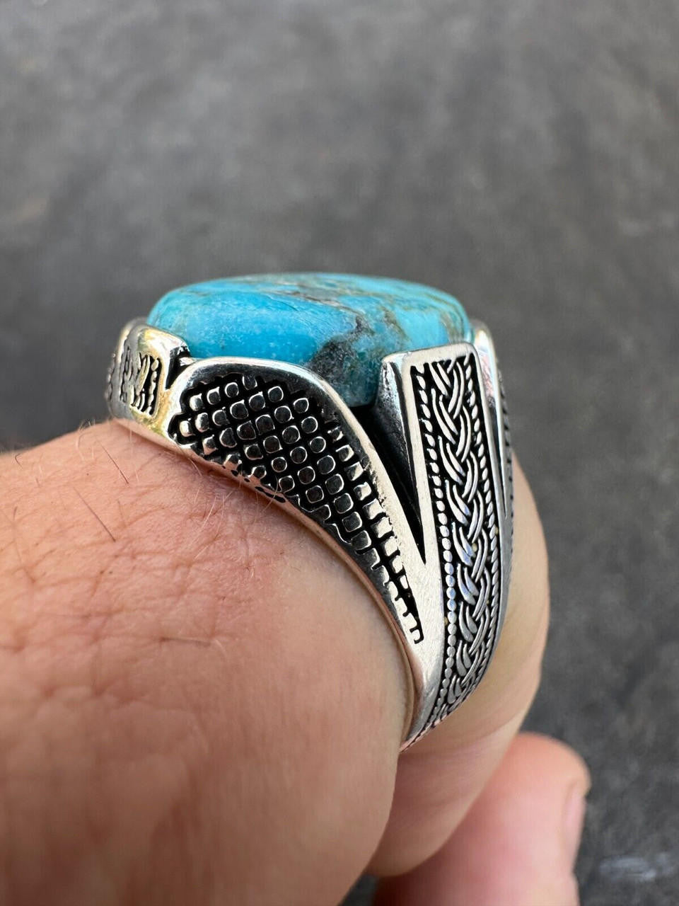 Wealth Ring - 925 Silver Oxidized - Genuine Blue Turquoise Stone