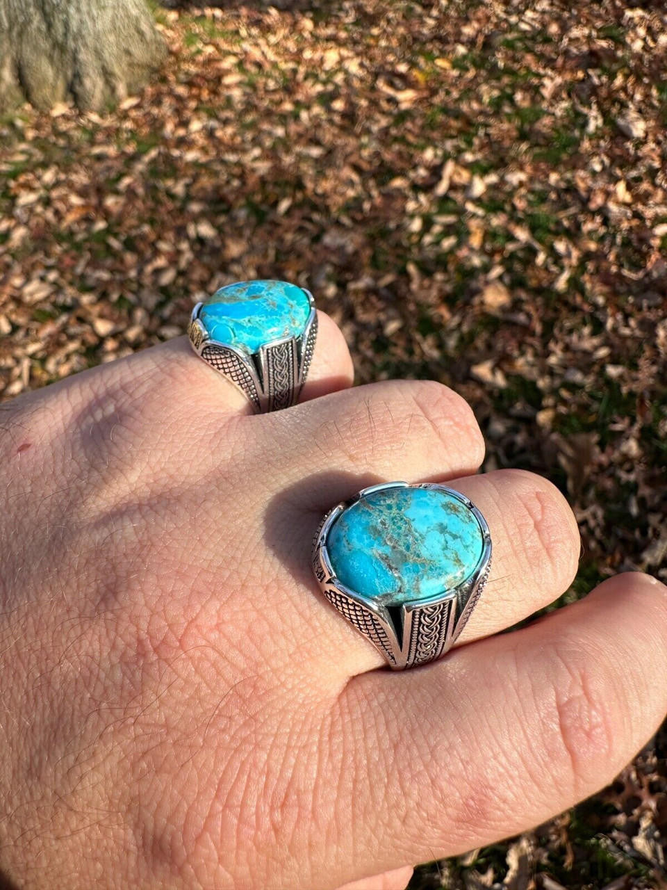 Wealth Ring - 925 Silver Oxidized - Genuine Blue Turquoise Stone