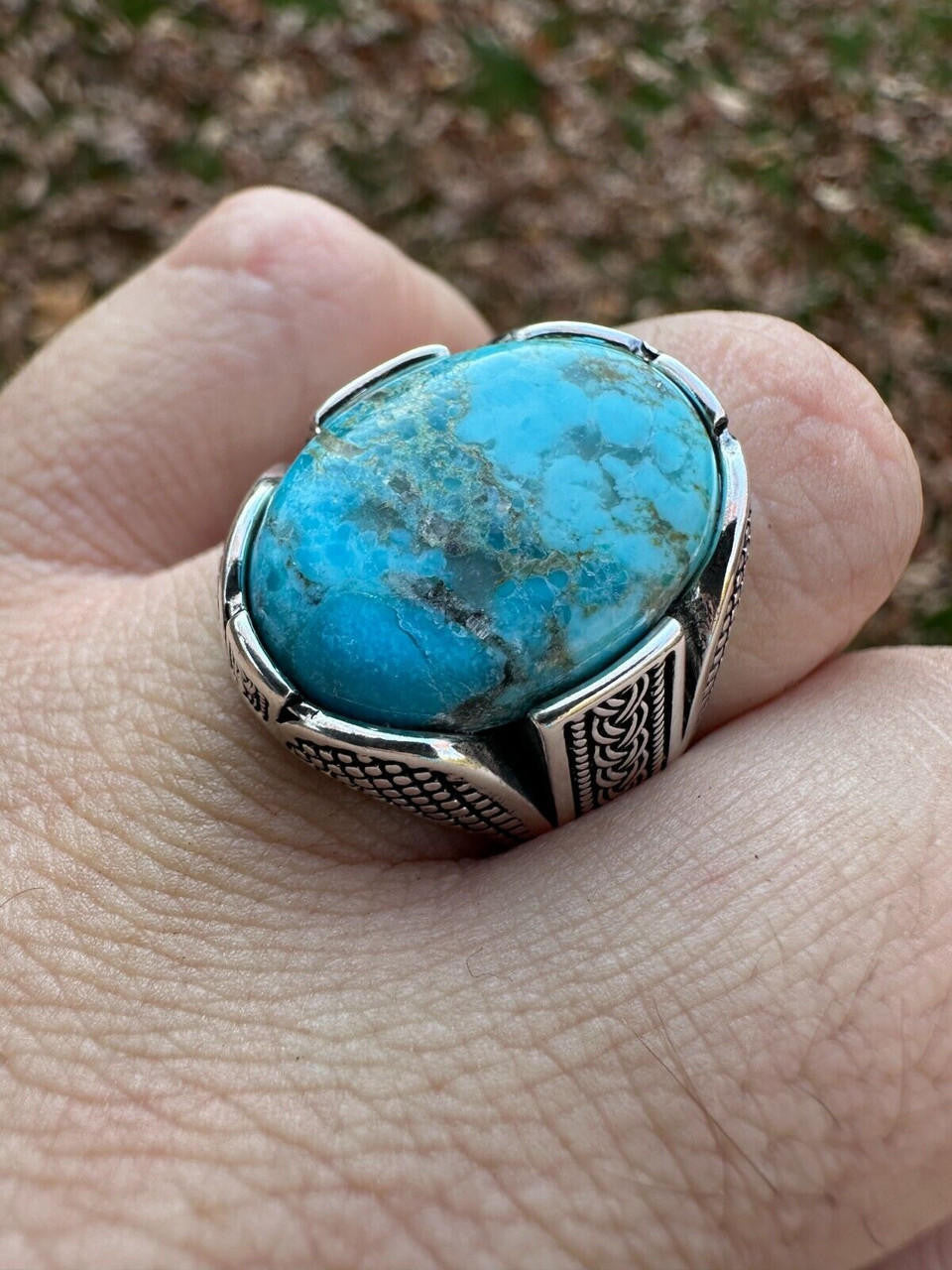 Wealth Ring - 925 Silver Oxidized - Genuine Blue Turquoise Stone