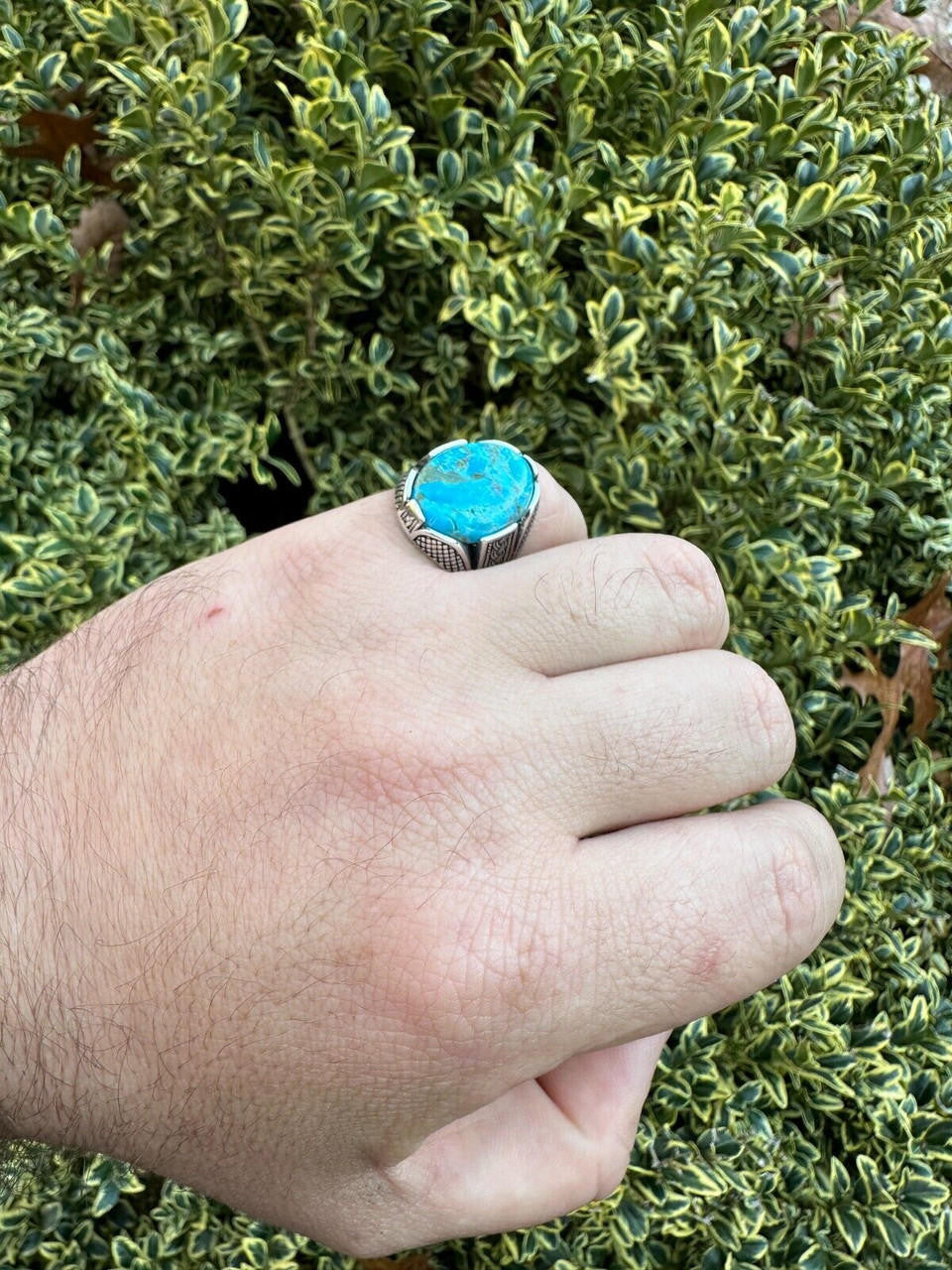Wealth Ring - 925 Silver Oxidized - Genuine Blue Turquoise Stone