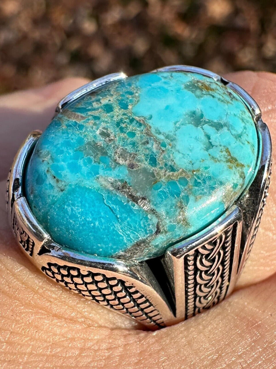 Wealth Ring - 925 Silver Oxidized - Genuine Blue Turquoise Stone