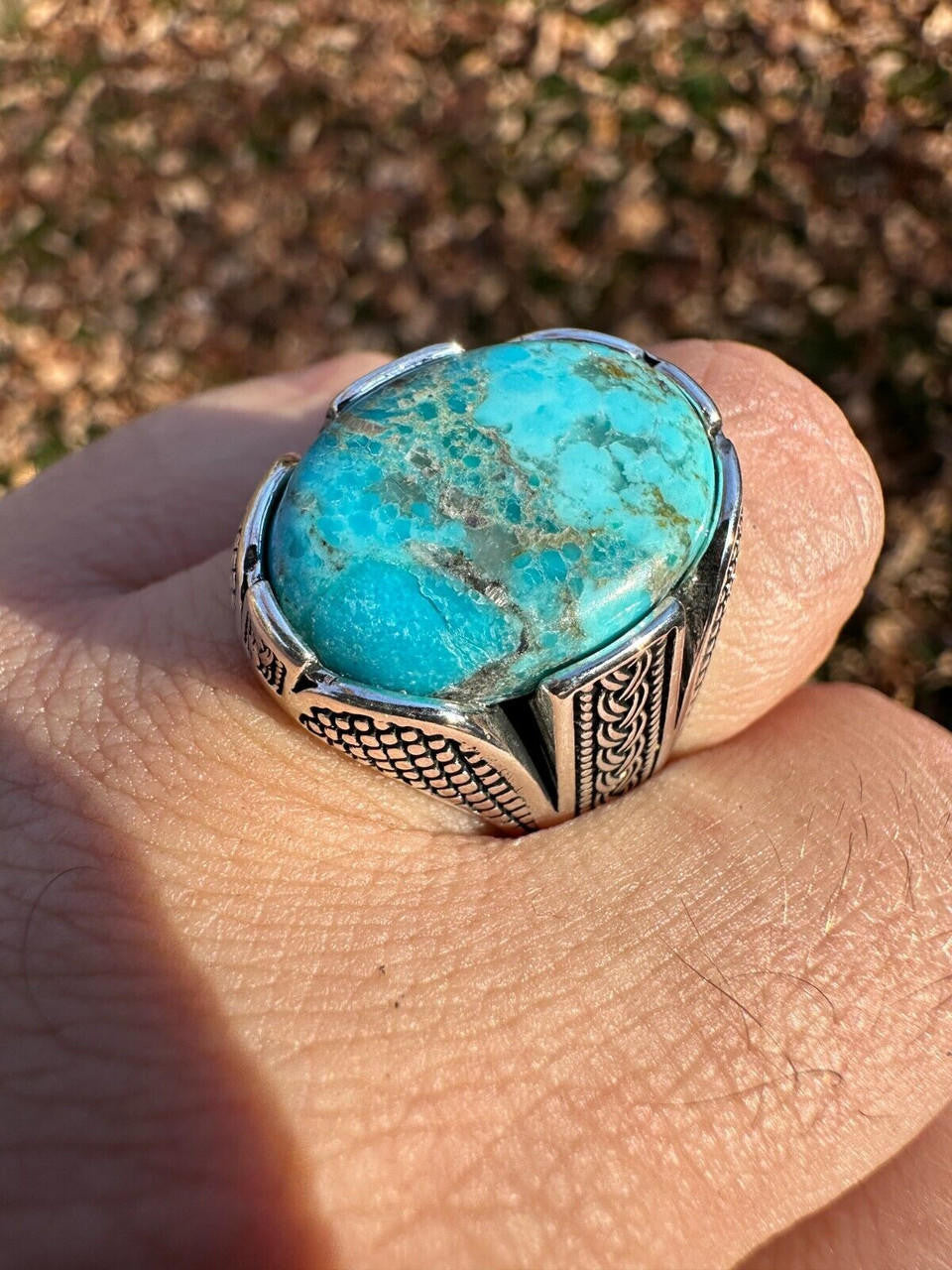 Wealth Ring - 925 Silver Oxidized - Genuine Blue Turquoise Stone