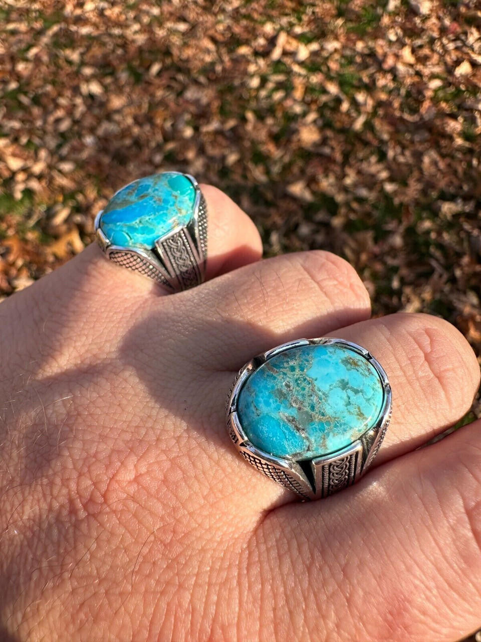 Wealth Ring - 925 Silver Oxidized - Genuine Blue Turquoise Stone