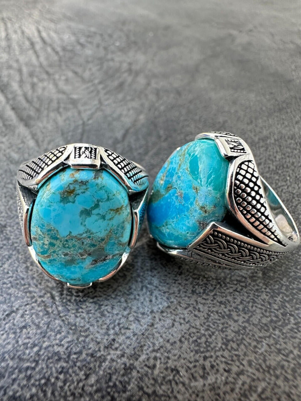Wealth Ring - 925 Silver Oxidized - Genuine Blue Turquoise Stone