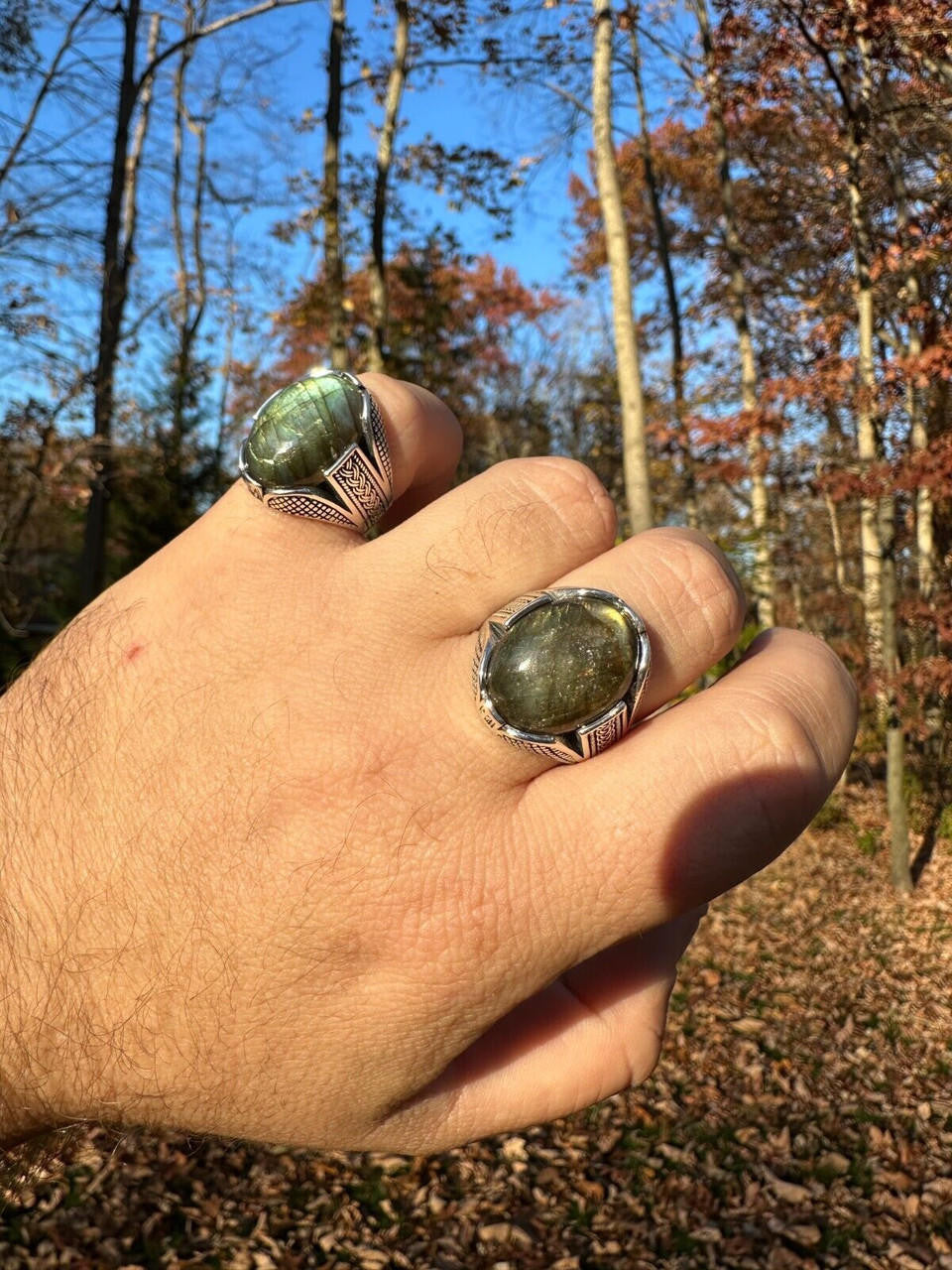 Wealth Ring - 925 Silver Oxidized - Genuine Labradorite Stone
