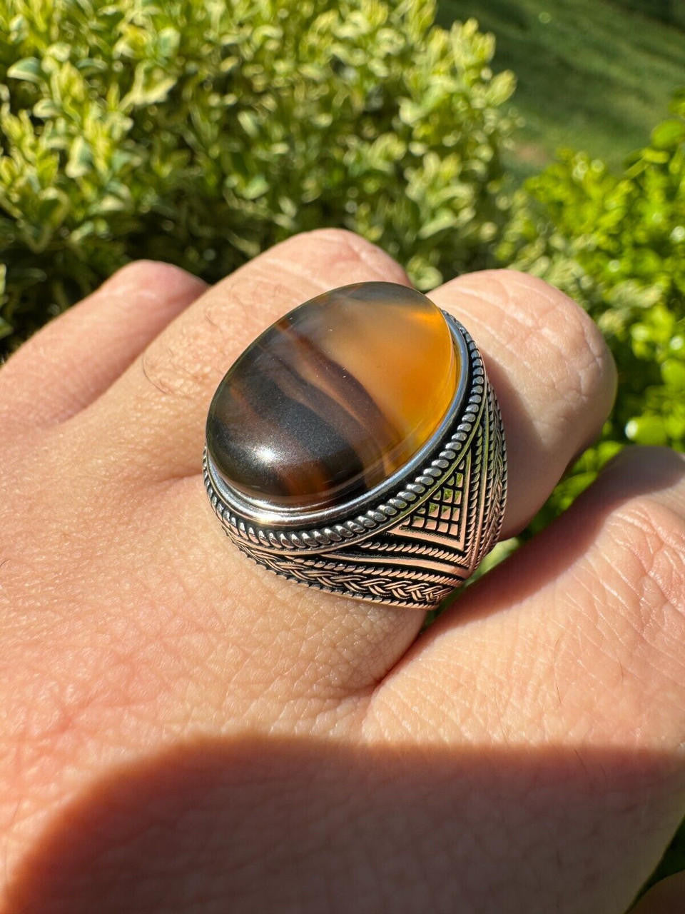 Wisdom Is Power Ring - 925 Silver Oxidized - Genuine Agate Stone