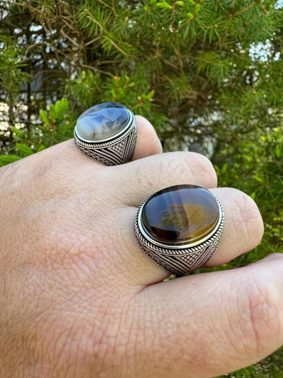 Wisdom Is Power Ring - 925 Silver Oxidized - Genuine Agate Stone
