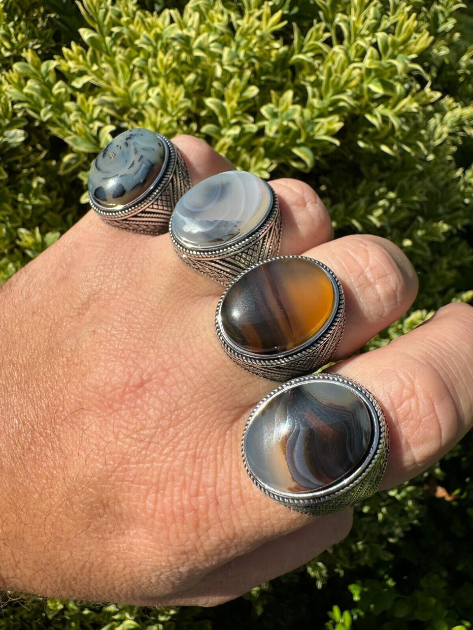 Wisdom Is Power Ring - 925 Silver Oxidized - Genuine Agate Stone