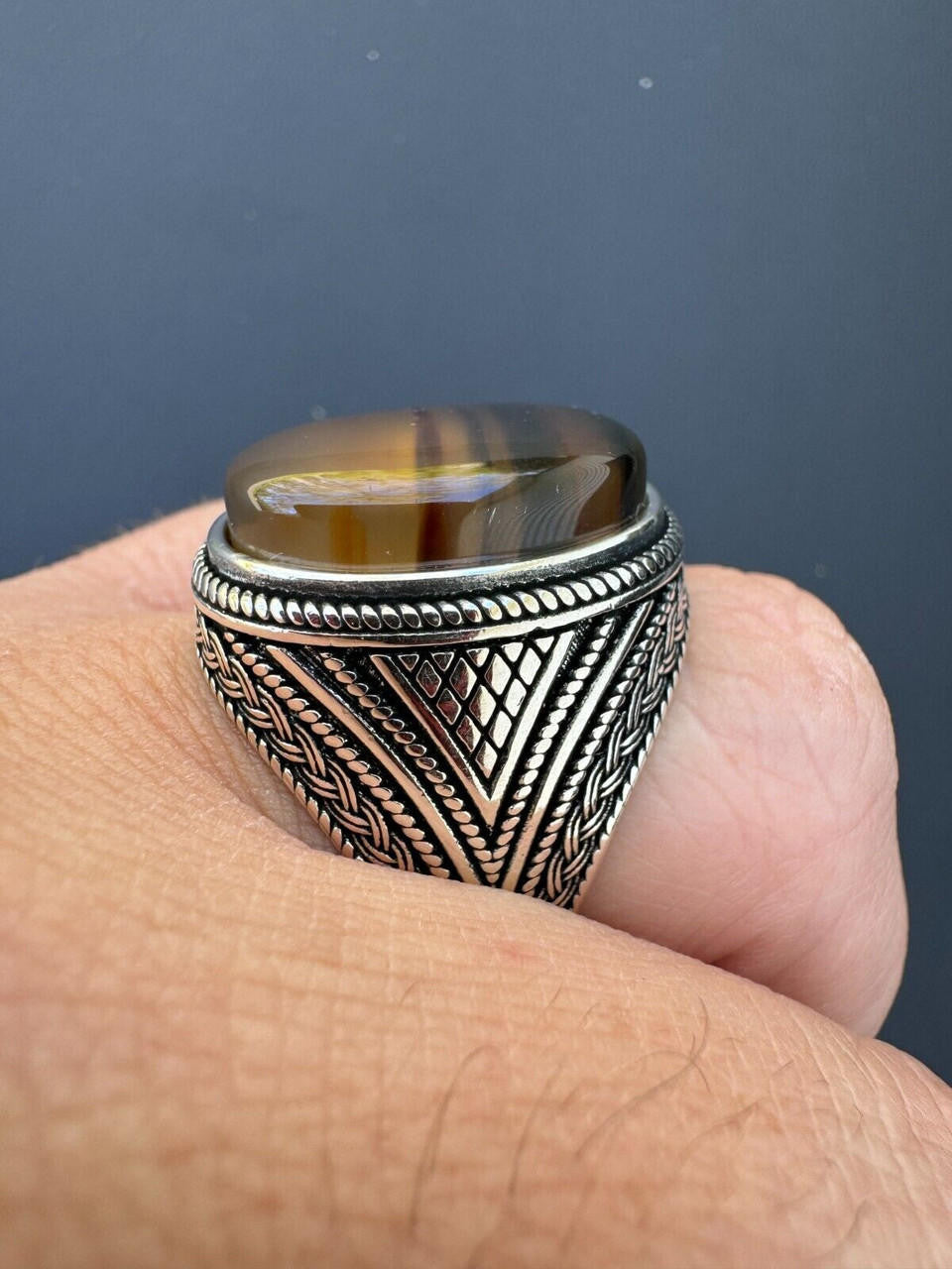 Wisdom Is Power Ring - 925 Silver Oxidized - Genuine Agate Stone