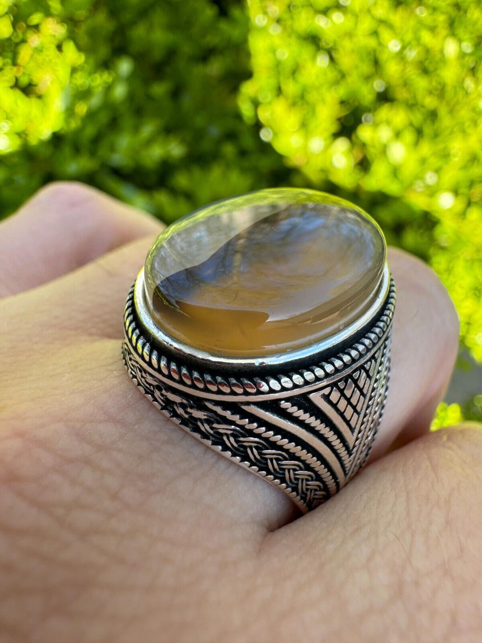 Wisdom Is Power Ring - 925 Silver Oxidized - Genuine Agate Stone
