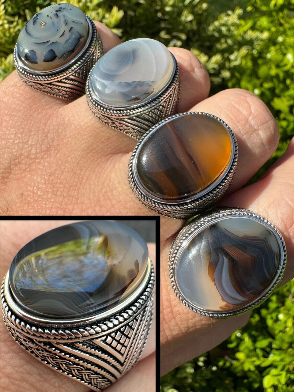 Wisdom Is Power Ring - 925 Silver Oxidized - Genuine Agate Stone