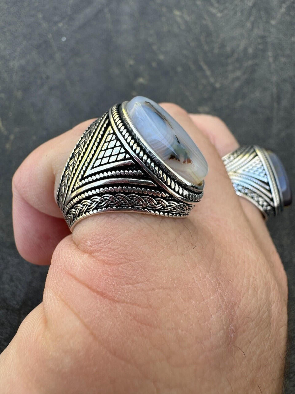 Wisdom Is Power Ring - 925 Silver Oxidized - Genuine Agate Stone