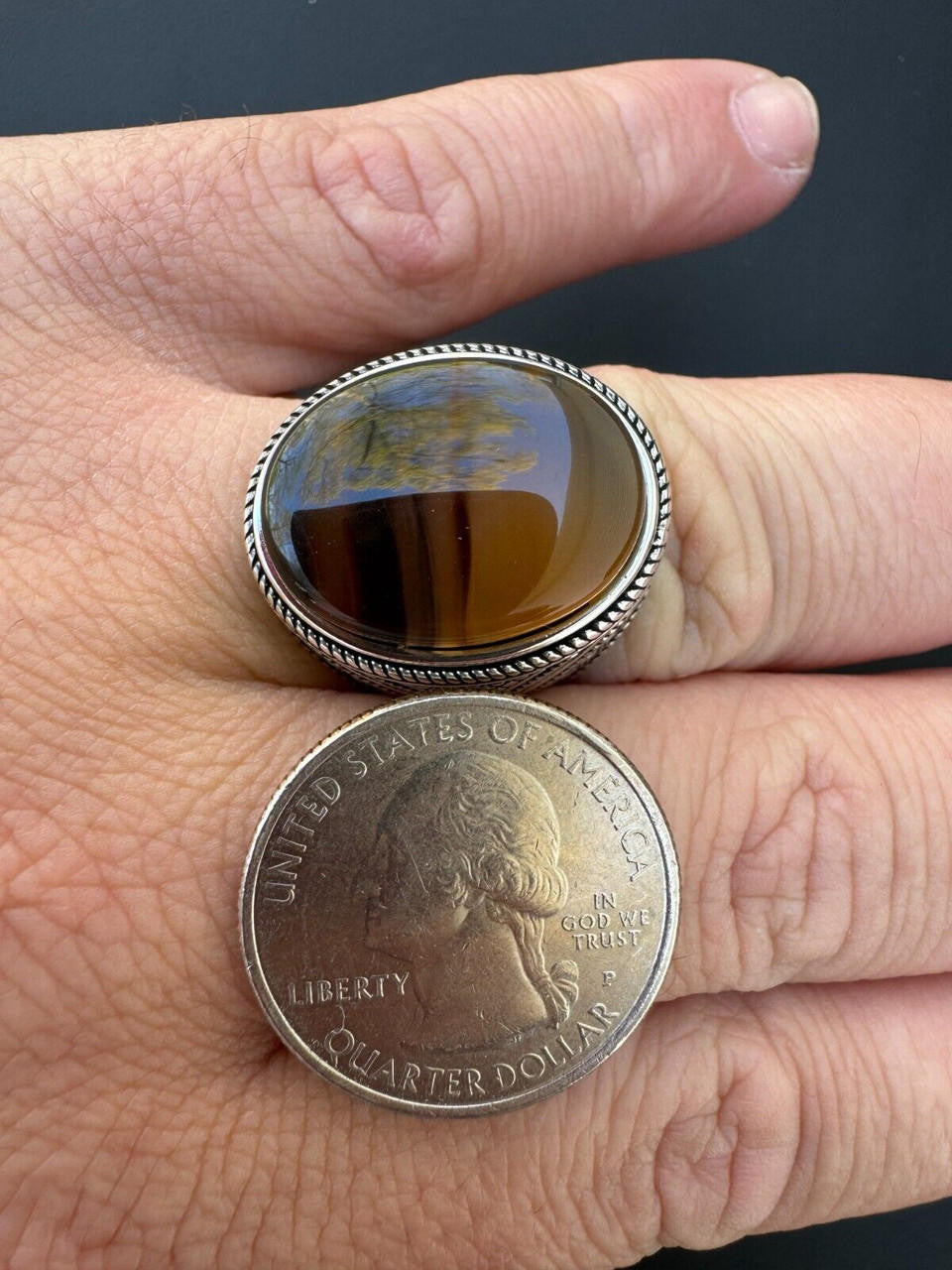 Wisdom Is Power Ring - 925 Silver Oxidized - Genuine Agate Stone