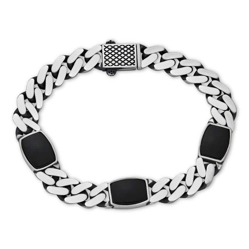Miami Cuban Bracelet W. 3 Natural Black Onyx Gemstone Motifs - 925 Sterling Silver Oxidized Gunmetal - 7"-9" - 11mm