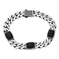 Miami Cuban Bracelet W. 3 Natural Black Onyx Gemstone Motifs - 925 Sterling Silver Oxidized Gunmetal - 7"-9" - 11mm