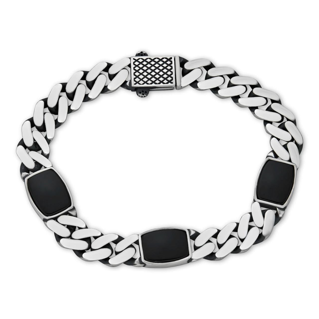 Miami Cuban Bracelet W. 3 Natural Black Onyx Gemstone Motifs - 925 Sterling Silver Oxidized Gunmetal - 7"-9" - 11mm