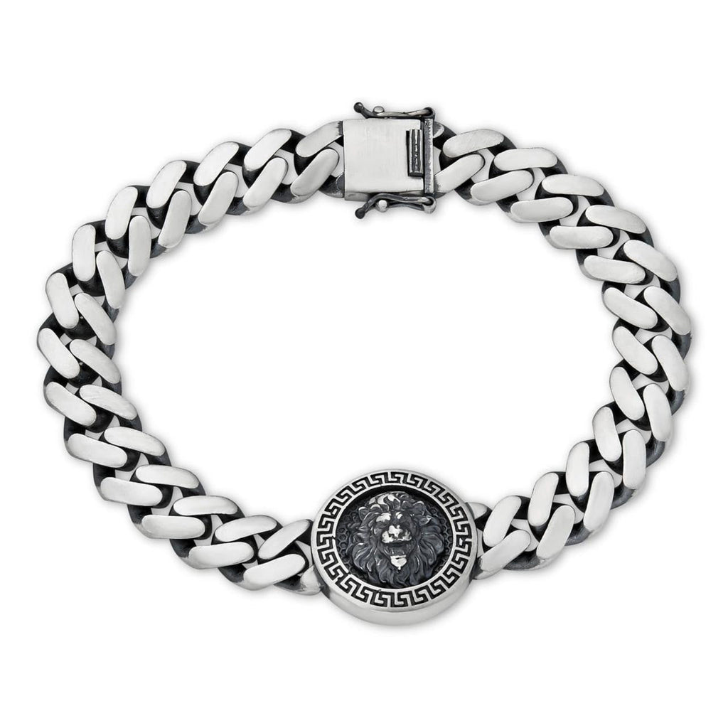 Miami Cuban Bracelet W. Lion Motif - 925 Sterling Silver Oxidized Gunmetal - 7"-9" - 10.5mm