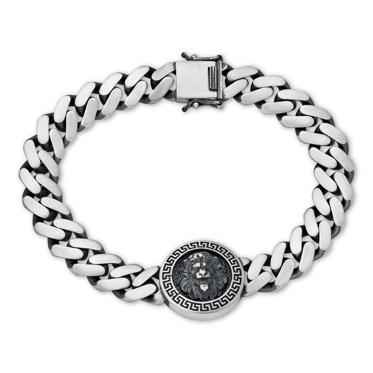 Miami Cuban Bracelet W. Lion Motif - 925 Sterling Silver Oxidized Gunmetal - 7"-9" - 10.5mm