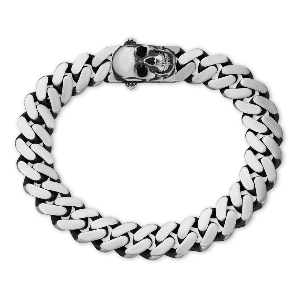 Miami Cuban Bracelet With Custom Skull Sleek Clasp - 925 Sterling Silver Oxidized Gunmetal - 7"-9" - 12mm