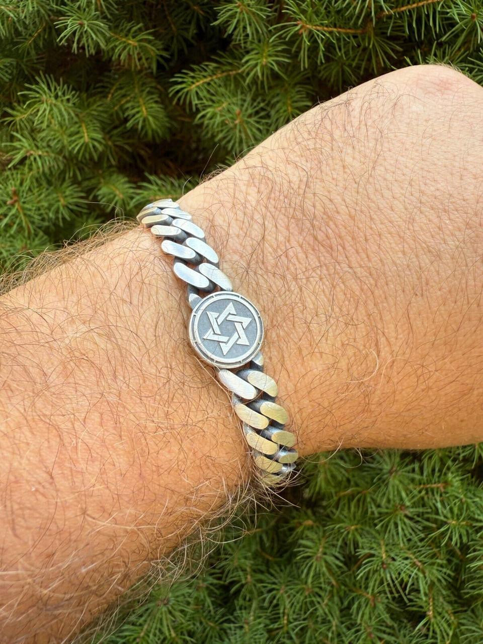 Miami Cuban Bracelet With Custom Star Of David Motif - 925 Sterling Silver Oxidized Gunmetal - 7"-9" - 9mm