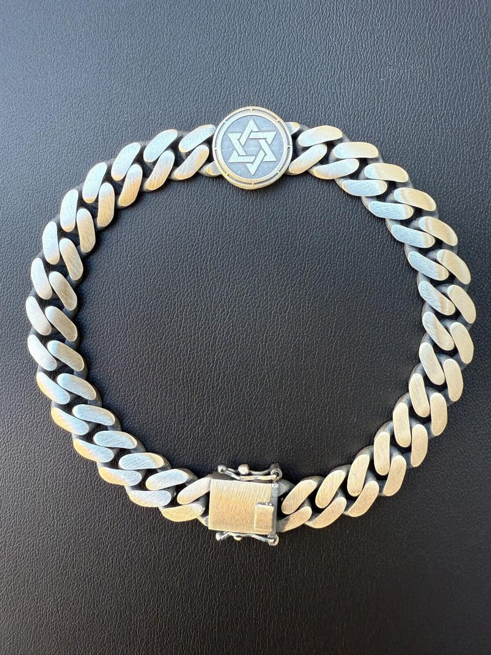 Miami Cuban Bracelet With Custom Star Of David Motif - 925 Sterling Silver Oxidized Gunmetal - 7"-9" - 9mm