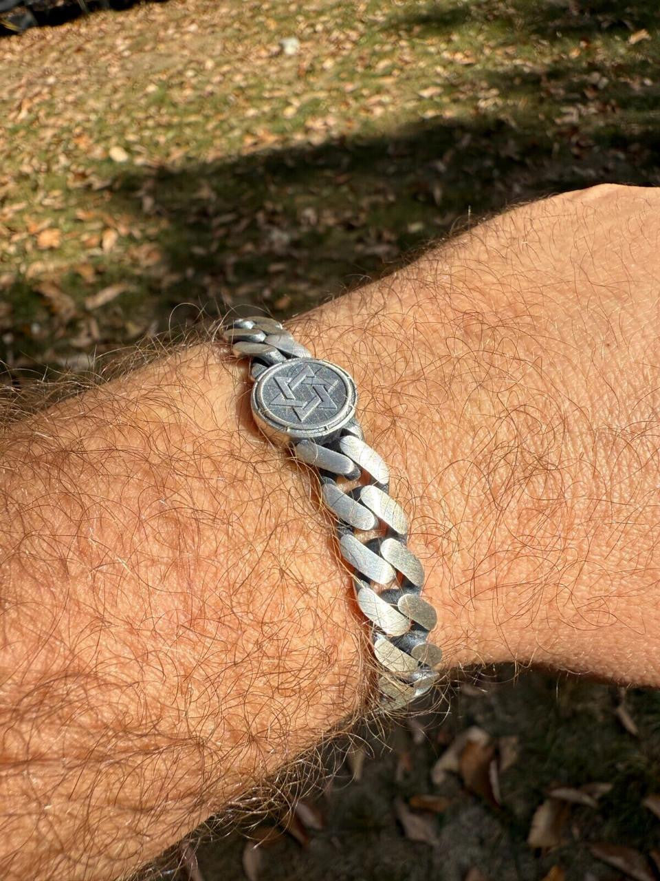 Miami Cuban Bracelet With Custom Star Of David Motif - 925 Sterling Silver Oxidized Gunmetal - 7"-9" - 9mm