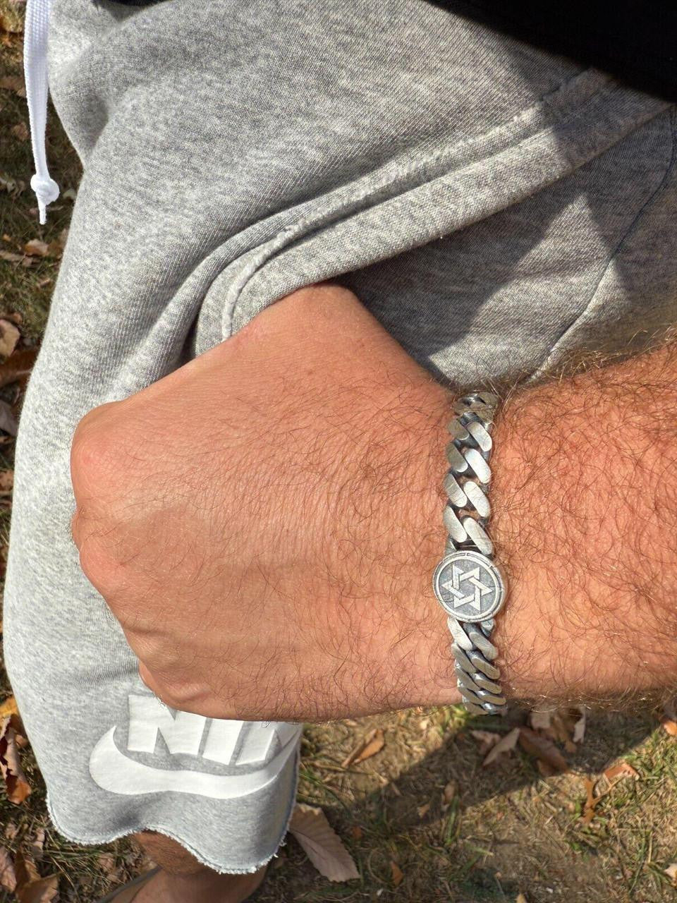 Miami Cuban Bracelet With Custom Star Of David Motif - 925 Sterling Silver Oxidized Gunmetal - 7"-9" - 9mm