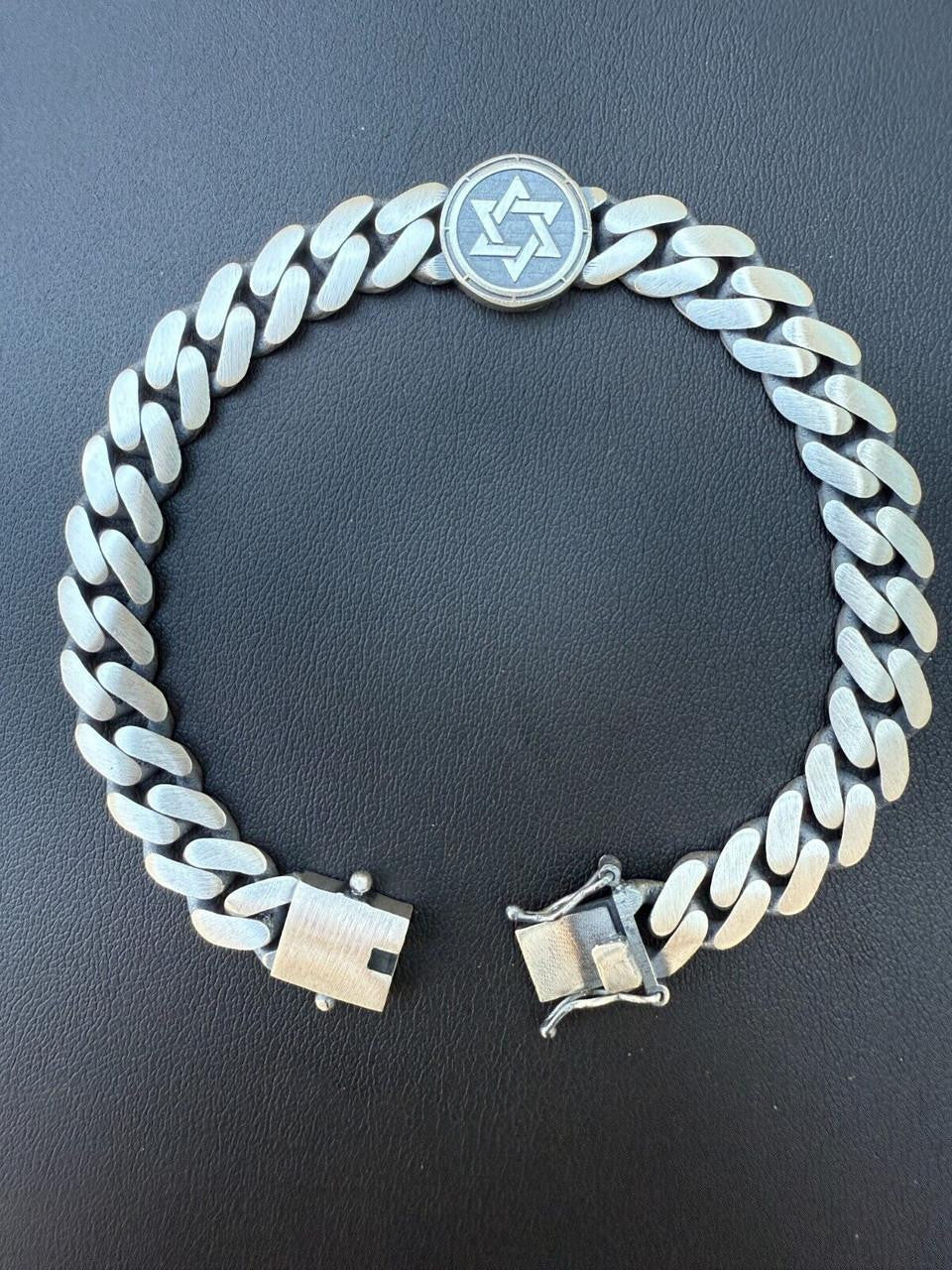 Miami Cuban Bracelet With Custom Star Of David Motif - 925 Sterling Silver Oxidized Gunmetal - 7"-9" - 9mm