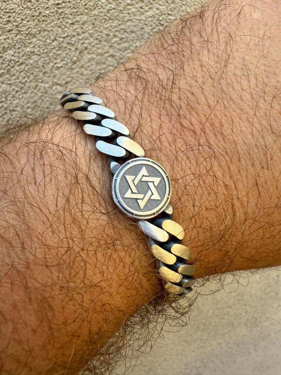 Miami Cuban Bracelet With Custom Star Of David Motif - 925 Sterling Silver Oxidized Gunmetal - 7"-9" - 9mm