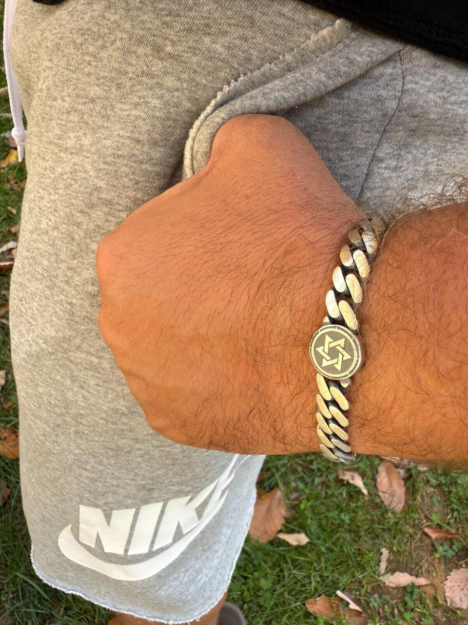Miami Cuban Bracelet With Custom Star Of David Motif - 925 Sterling Silver Oxidized Gunmetal - 7"-9" - 9mm
