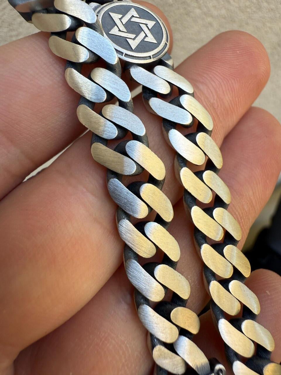 Miami Cuban Bracelet With Custom Star Of David Motif - 925 Sterling Silver Oxidized Gunmetal - 7"-9" - 9mm