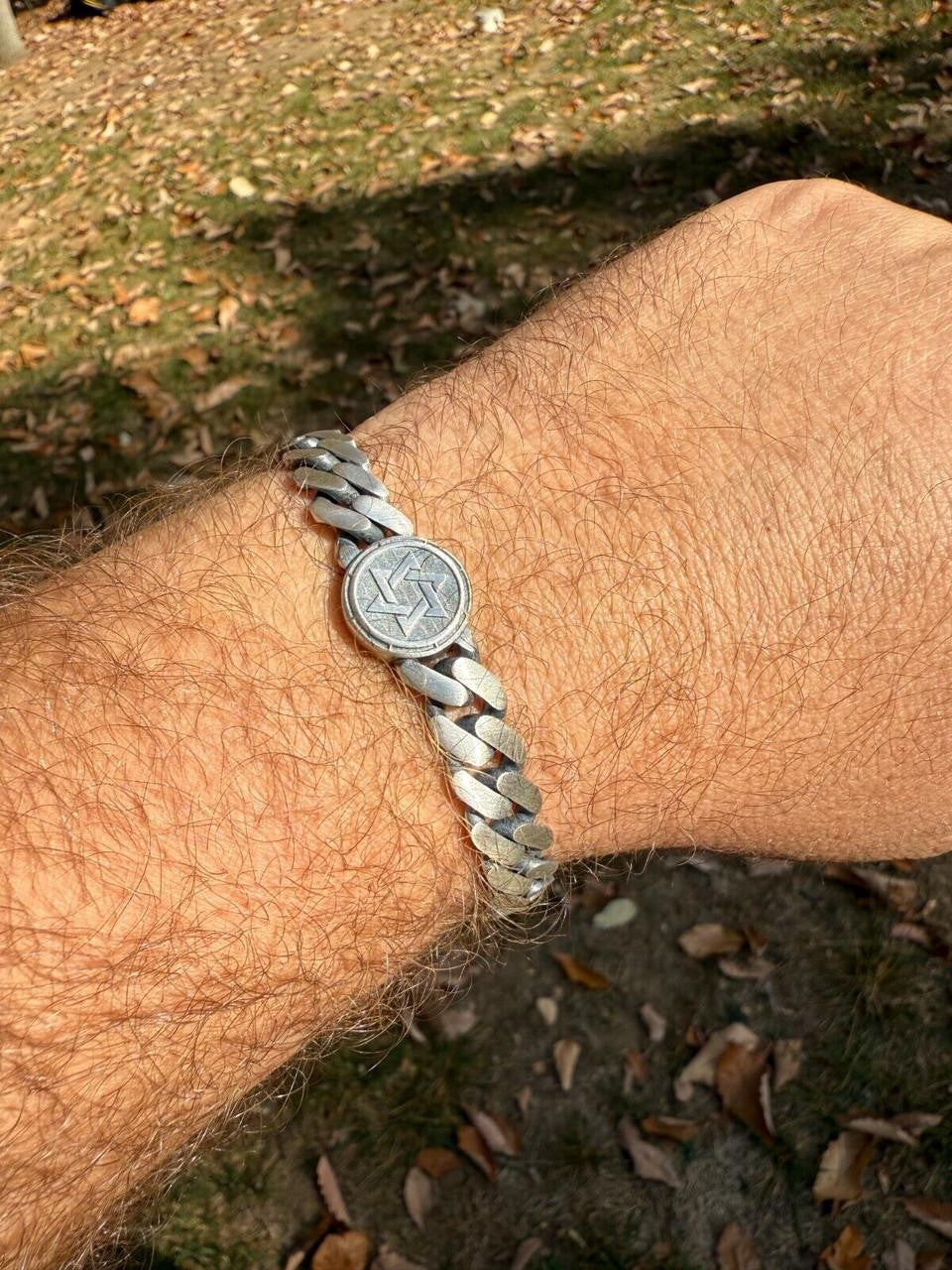 Miami Cuban Bracelet With Custom Star Of David Motif - 925 Sterling Silver Oxidized Gunmetal - 7"-9" - 9mm