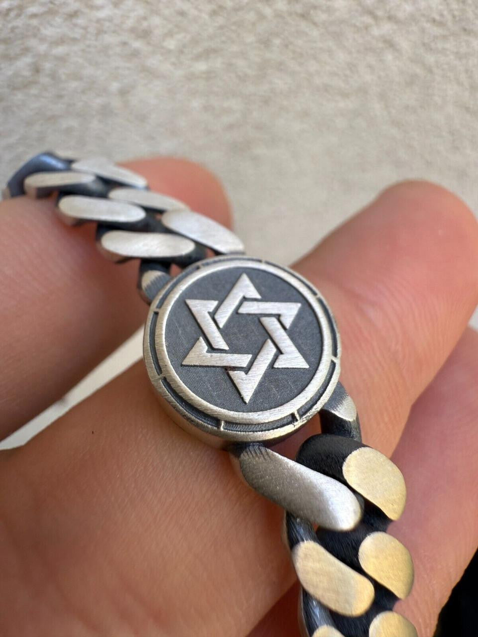 Miami Cuban Bracelet With Custom Star Of David Motif - 925 Sterling Silver Oxidized Gunmetal - 7"-9" - 9mm