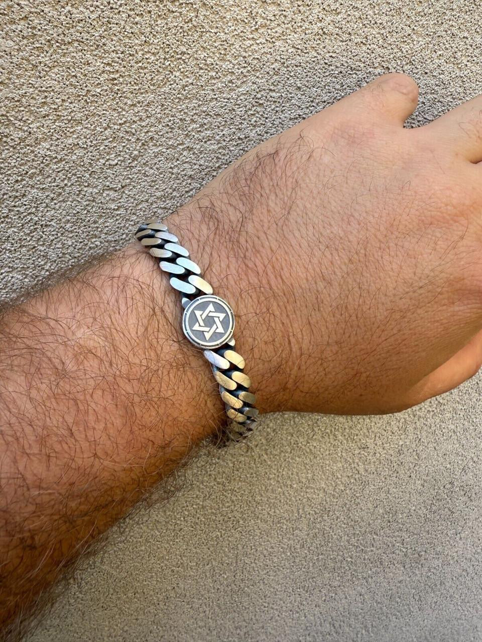 Miami Cuban Bracelet With Custom Star Of David Motif - 925 Sterling Silver Oxidized Gunmetal - 7"-9" - 9mm