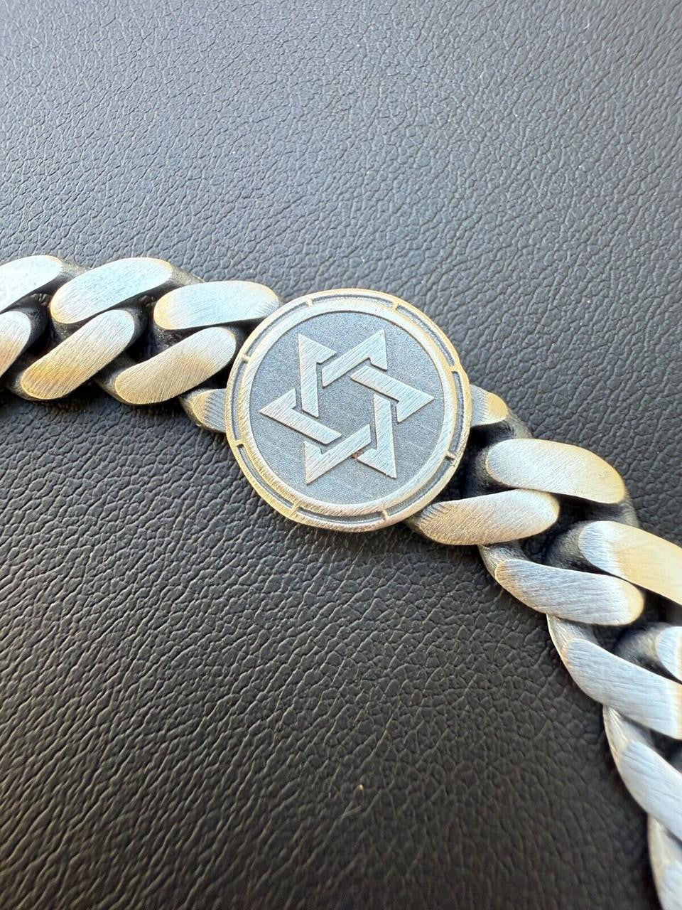 Miami Cuban Bracelet With Custom Star Of David Motif - 925 Sterling Silver Oxidized Gunmetal - 7"-9" - 9mm