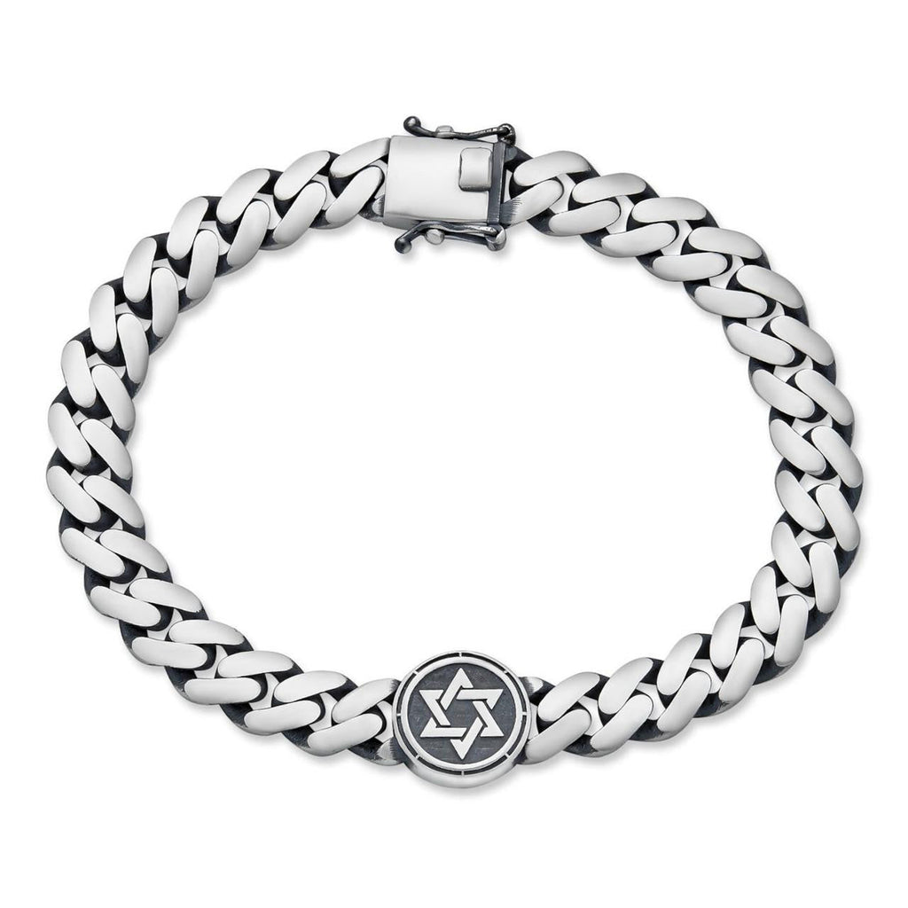 Miami Cuban Bracelet With Custom Star Of David Motif - 925 Sterling Silver Oxidized Gunmetal - 7"-9" - 9mm