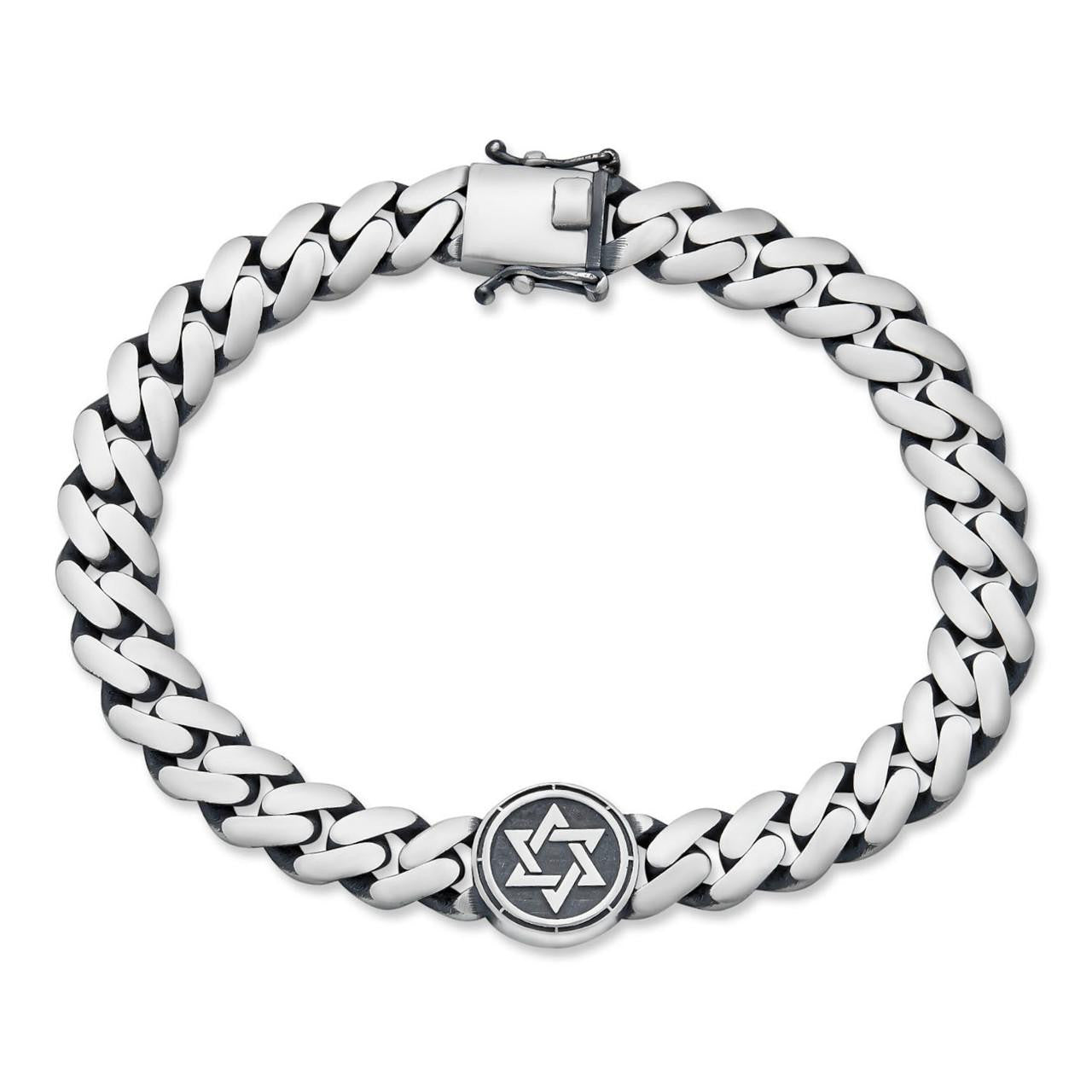Miami Cuban Bracelet With Custom Star Of David Motif - 925 Sterling Silver Oxidized Gunmetal - 7"-9" - 9mm