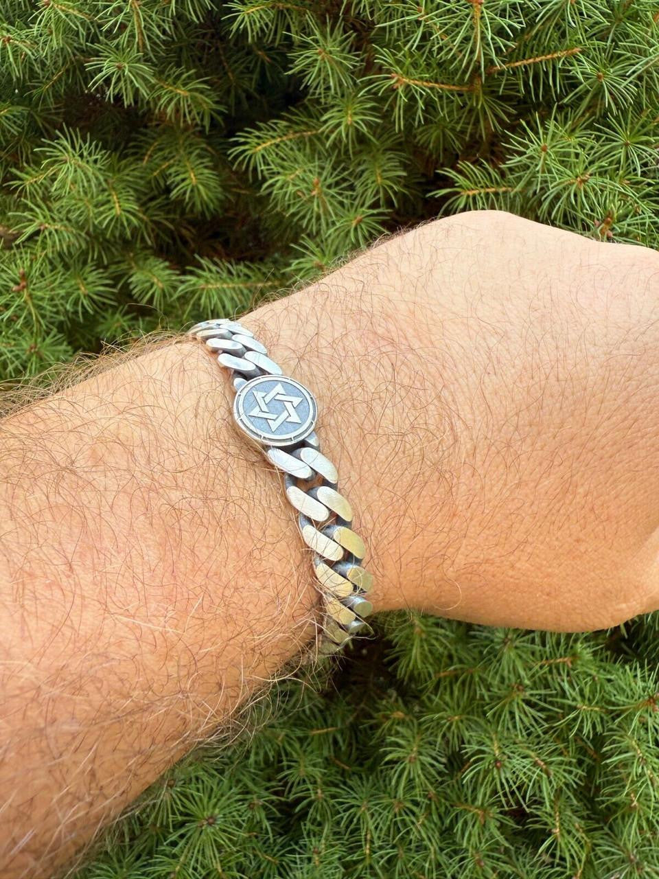 Miami Cuban Bracelet With Custom Star Of David Motif - 925 Sterling Silver Oxidized Gunmetal - 7"-9" - 9mm