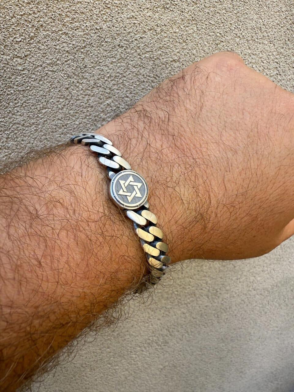 Miami Cuban Bracelet With Custom Star Of David Motif - 925 Sterling Silver Oxidized Gunmetal - 7"-9" - 9mm