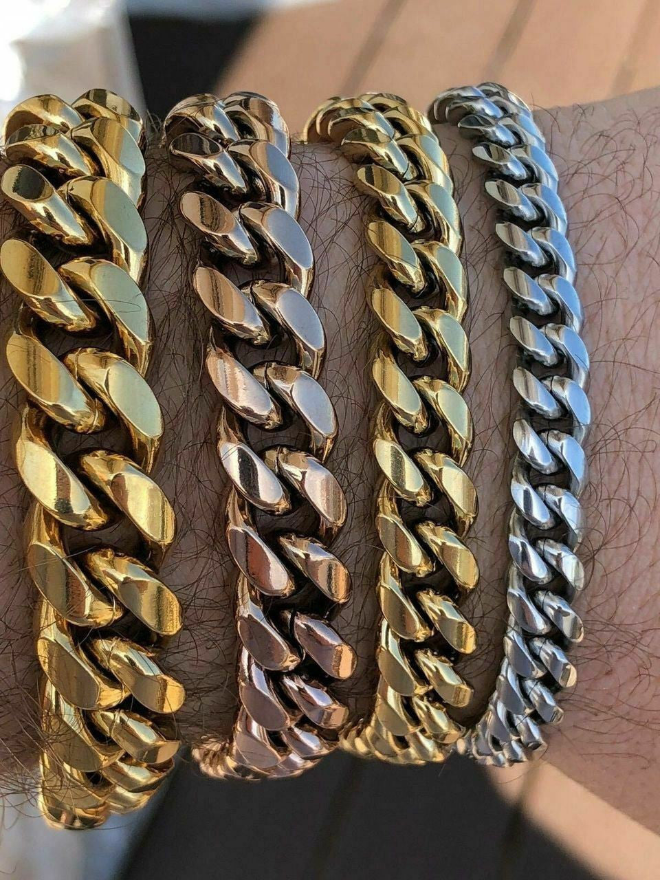 Miami Cuban Link Bracelet 14k 18k Yellow Rose White Gold Plated Stainless Steel