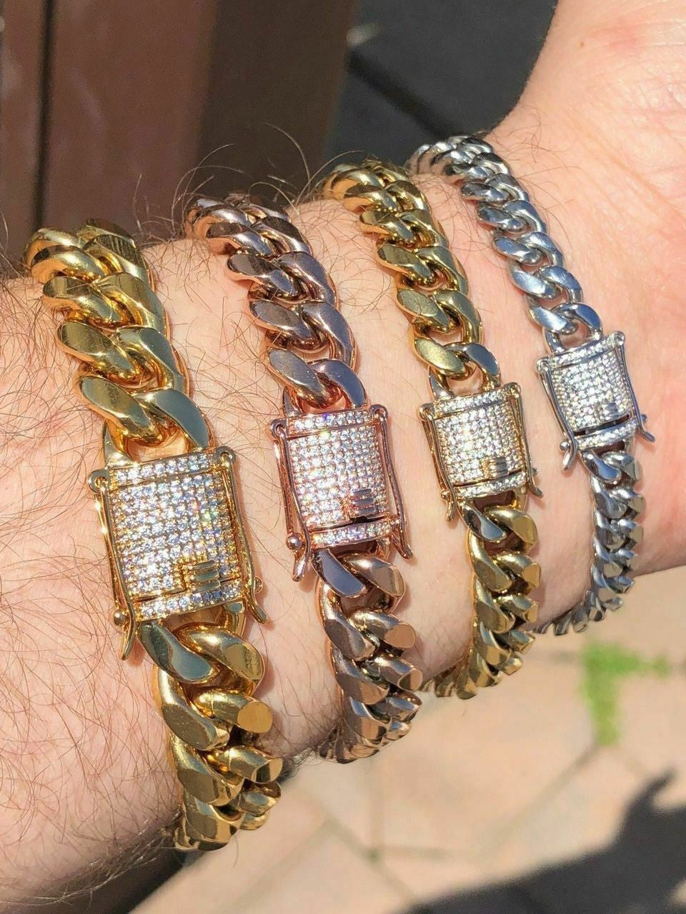 Miami Cuban Link Bracelet 1ct Diamond Clasp 14k 18k Gold Plated Stainless Steel