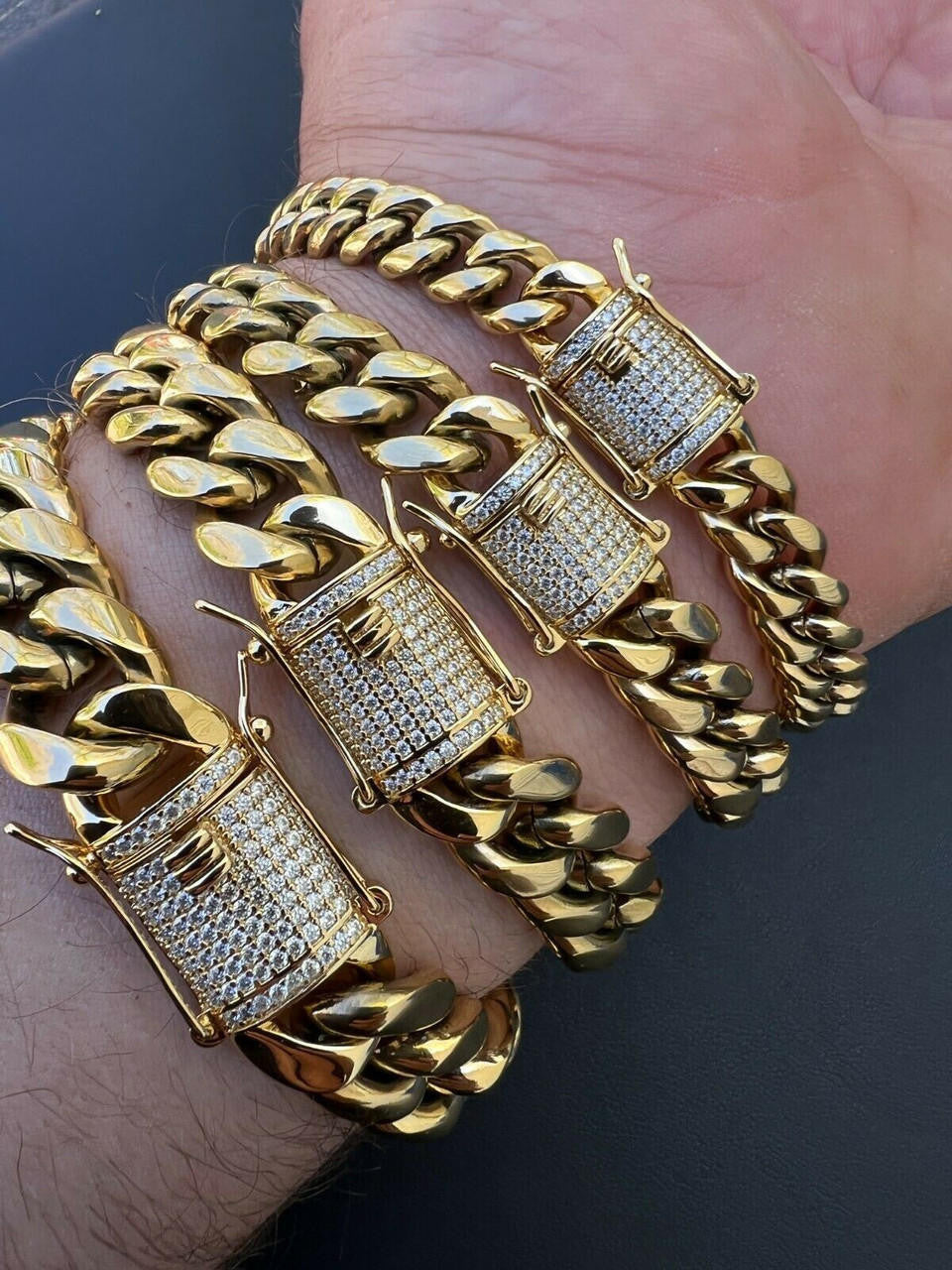 Miami Cuban Link Bracelet W. CZ Clasp - 14k Gold Plated Stainless Steel - 6"-10" - 8mm-14mm