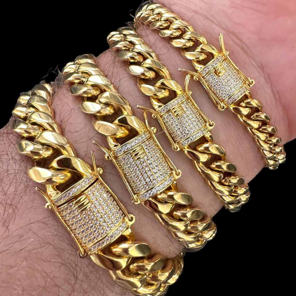 Miami Cuban Link Bracelet W. CZ Clasp - 14k Gold Plated Stainless Steel - 6"-10" - 8mm-14mm