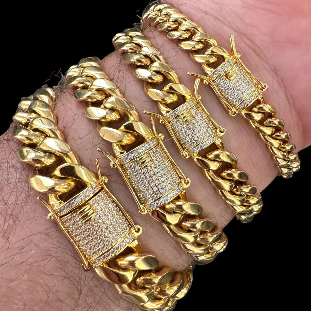 Miami Cuban Link Bracelet W. CZ Clasp - 14k Gold Plated Stainless Steel - 6"-10" - 8mm-14mm